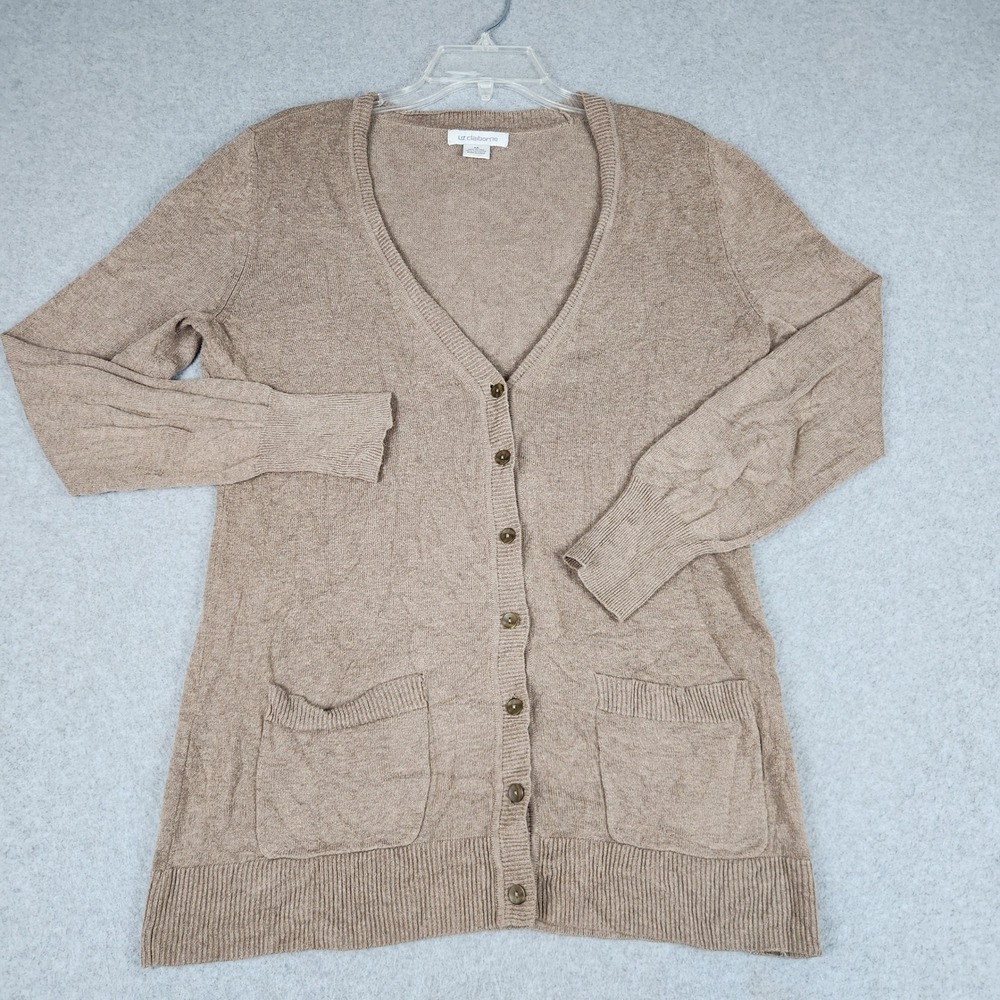 Liz Claiborne Cardigan Sweater Womens Medium Tan Knitted Crew Neck Button Front
